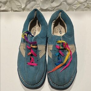 Fly London Teal Suede Sneakers with Multicolor Laces